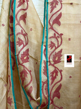 Natural tusser with firoza border alpona motifs handwoven jamdani saree - Tamal Boutique