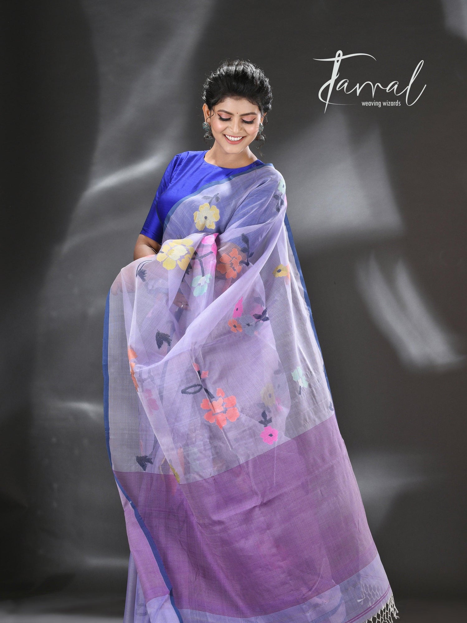 Neelambari Pushpa muslin silk handwoven jamdani saree left