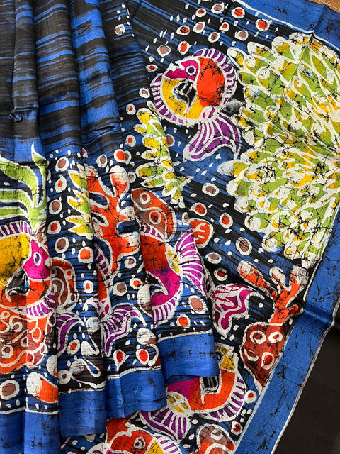 Ocean blue with multicolour sea bed design handcrafted batik silk saree