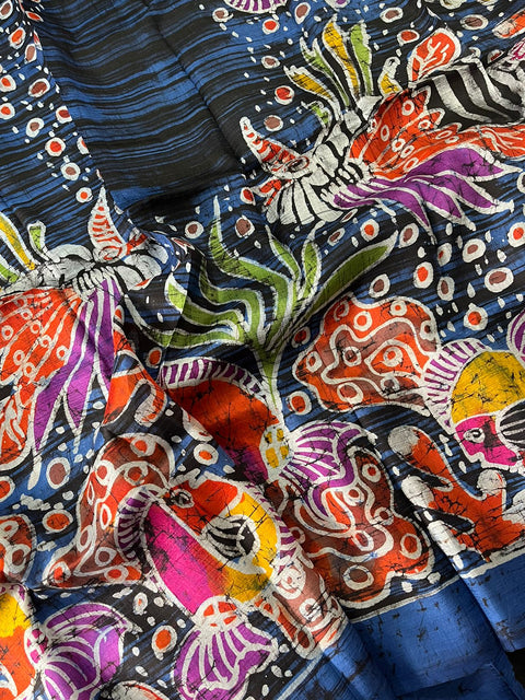 Ocean blue with multicolour sea bed design handcrafted batik silk saree