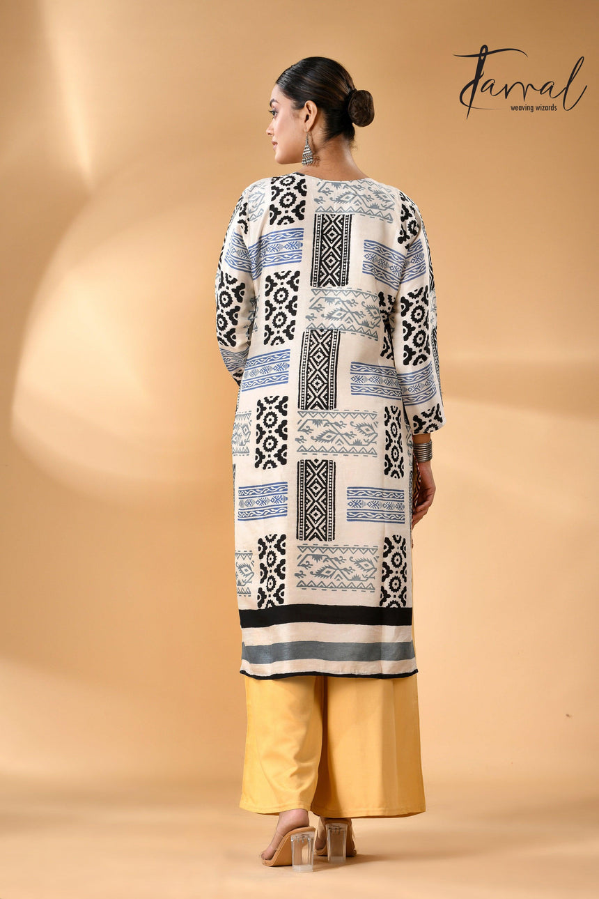 Off-White Pure Silk Kurti Handwoven Batik with Kantha stitch work back