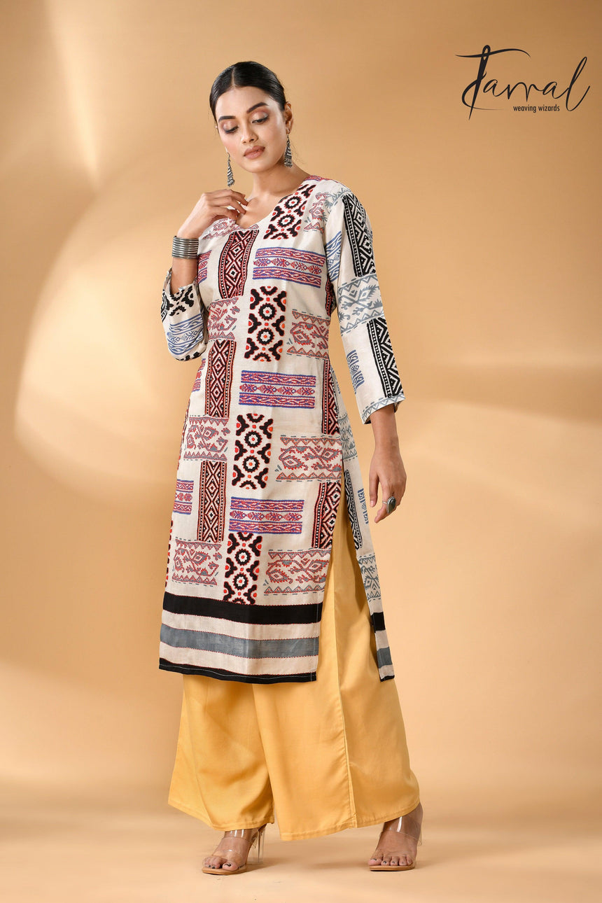 Off-White Pure Silk Kurti Handwoven Batik with Kantha stitch work full