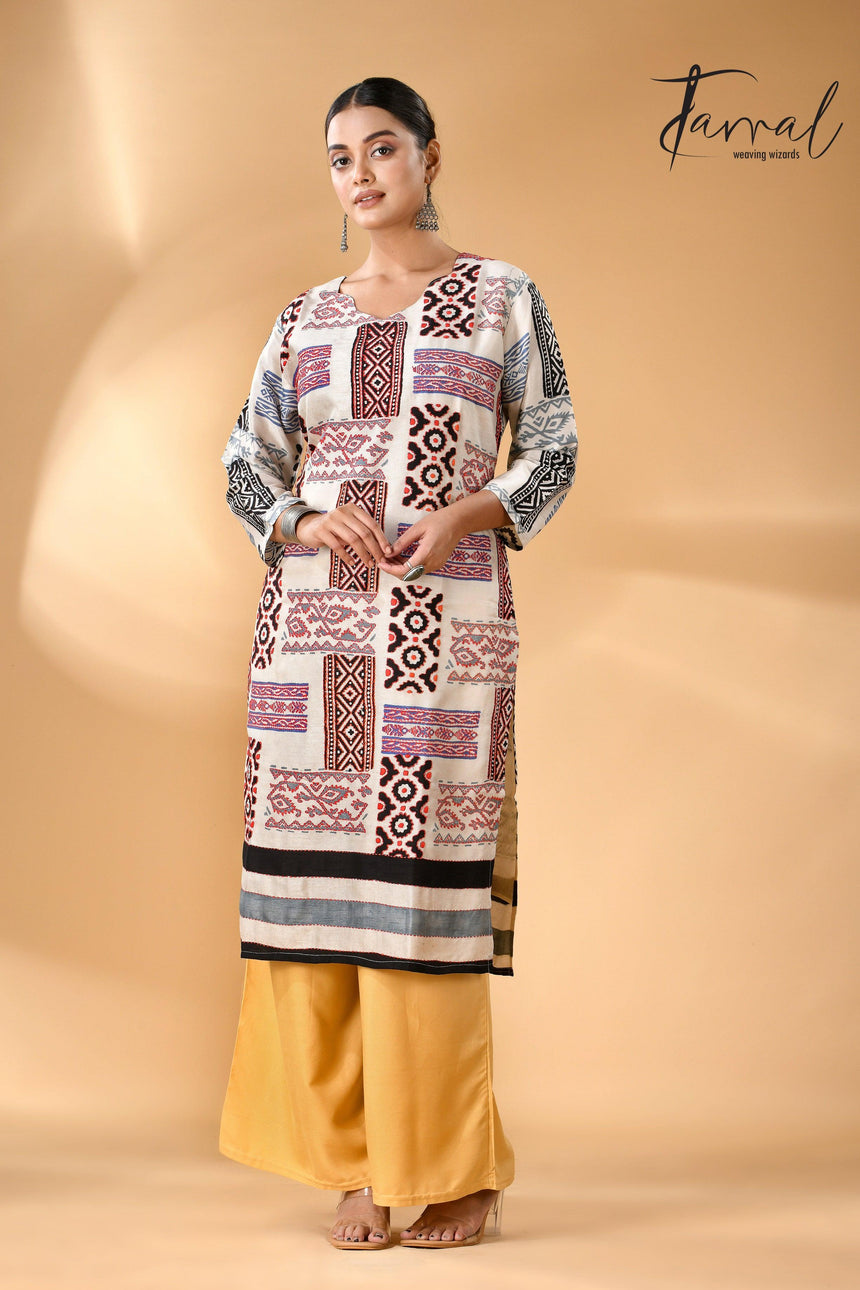 Off-White Pure Silk Kurti Handwoven Batik with Kantha stitch work right