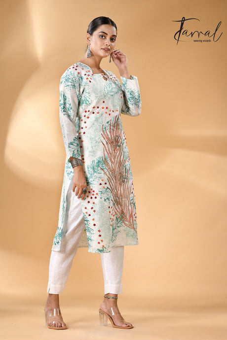 Off-White Silk Kurti Handcrafted Batik with Kantha Stitch full