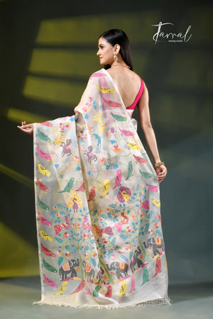 Off-white allover Muslin Silk handwoven needlework Jamdani saree with multicoloured animal & bird motifs