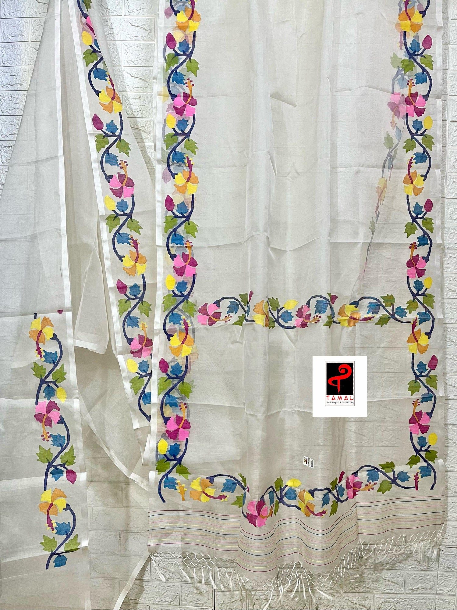 OffWhite with multi colour hibiscus handwoven muslin silk jamdani saree - Tamal Boutique