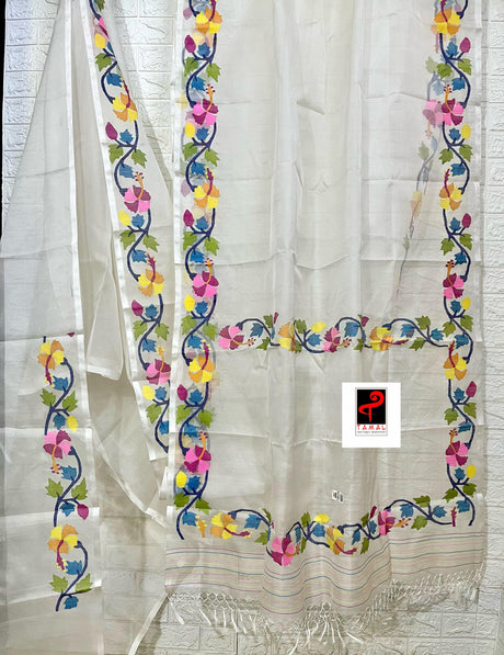 OffWhite with multi colour hibiscus handwoven muslin silk jamdani saree - Tamal Boutique