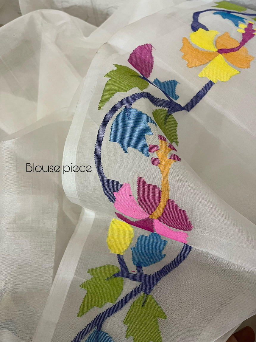 OffWhite with multi colour hibiscus handwoven muslin silk jamdani saree - Tamal Boutique