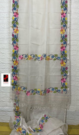 OffWhite with multi colour hibiscus handwoven muslin silk jamdani saree - Tamal Boutique