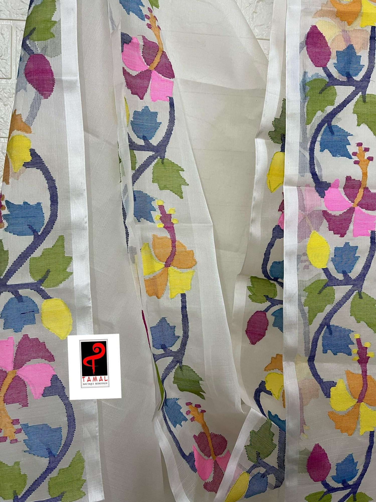 OffWhite with multi colour hibiscus handwoven muslin silk jamdani saree - Tamal Boutique