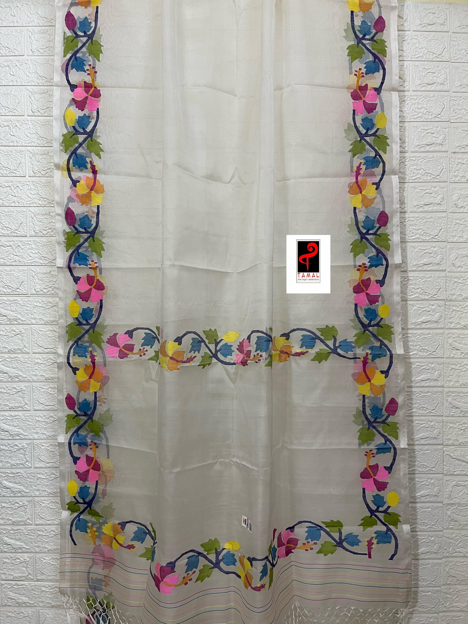 OffWhite with multi colour hibiscus handwoven muslin silk jamdani saree - Tamal Boutique