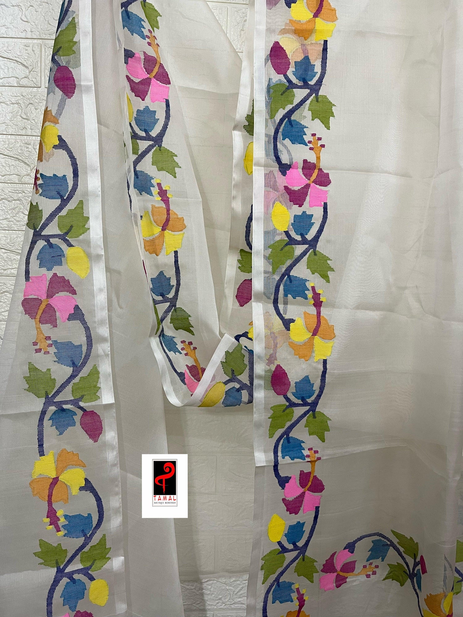 OffWhite with multi colour hibiscus handwoven muslin silk jamdani saree - Tamal Boutique