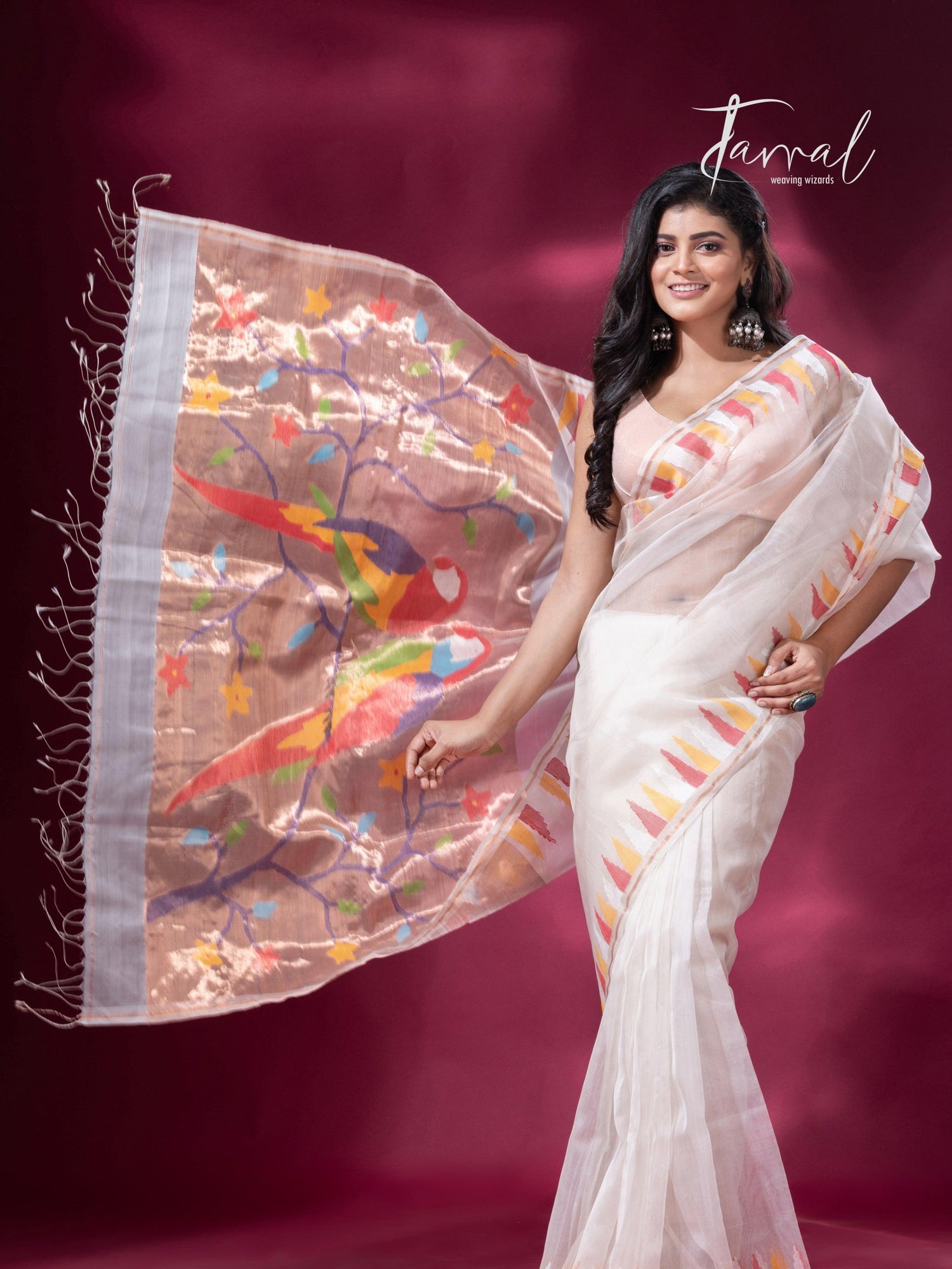 Off White with Multicolor parrot paithani temple border pure muslin silk handwoven jamdani saree - Tamal Boutique