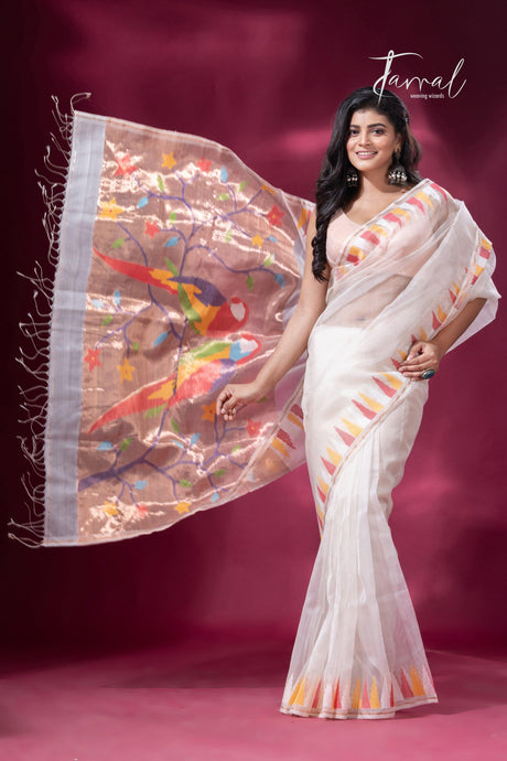 Off White with Multicolor parrot paithani temple border pure muslin silk handwoven jamdani saree - Tamal Boutique