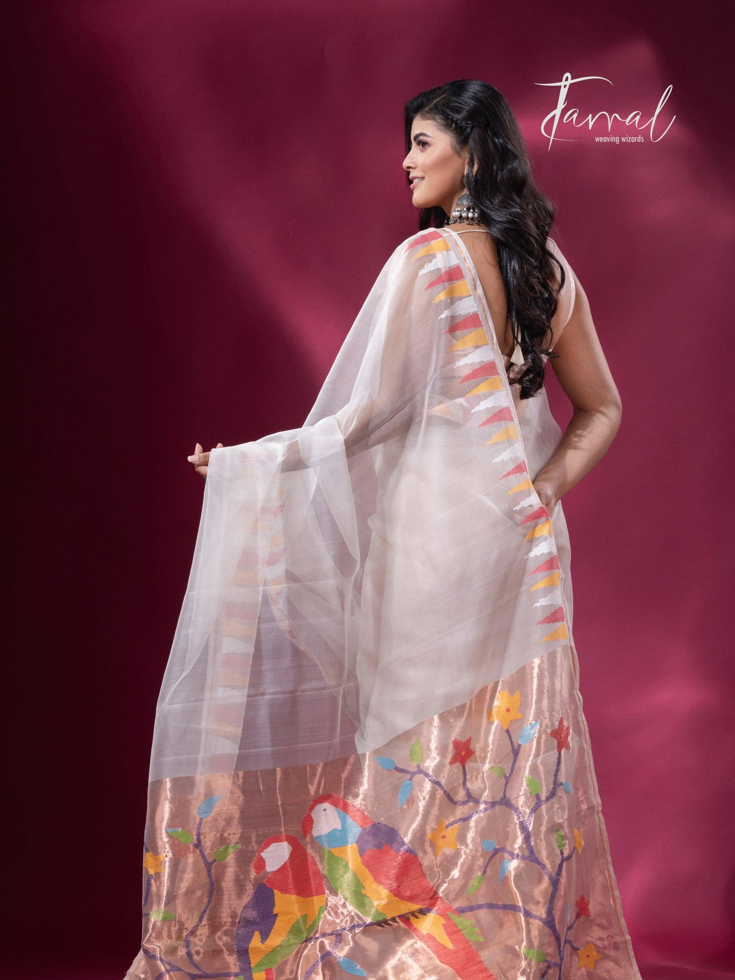 Off White with Multicolor parrot paithani temple border pure muslin silk handwoven jamdani saree - Tamal Boutique