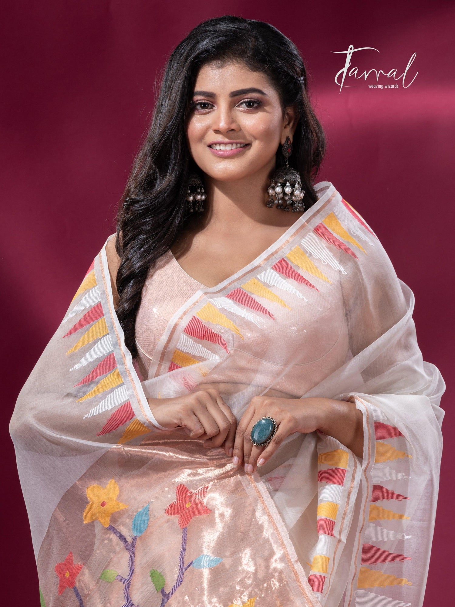 Off White with Multicolor parrot paithani temple border pure muslin silk handwoven jamdani saree - Tamal Boutique