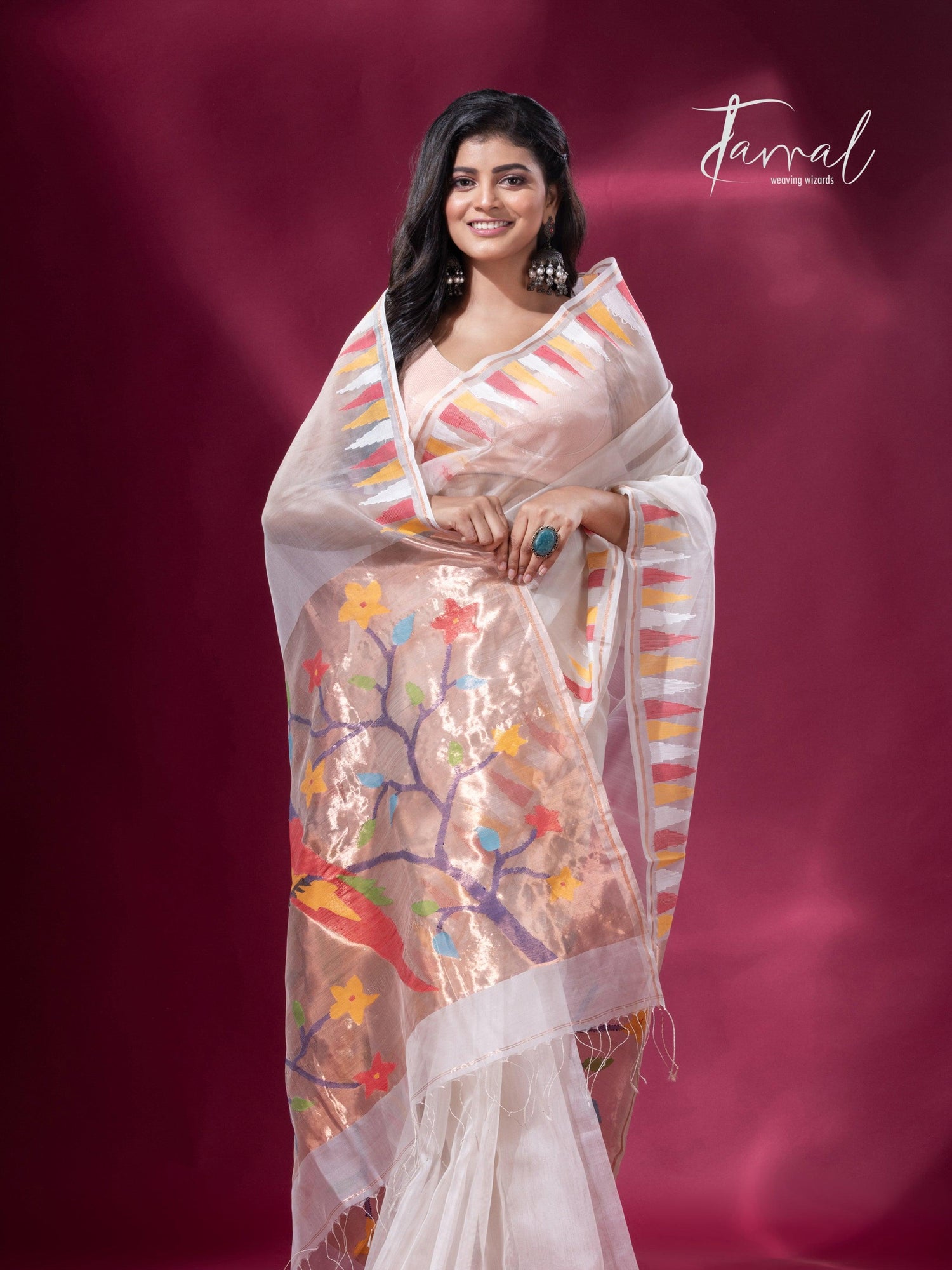 Off White with Multicolor parrot paithani temple border pure muslin silk handwoven jamdani saree - Tamal Boutique