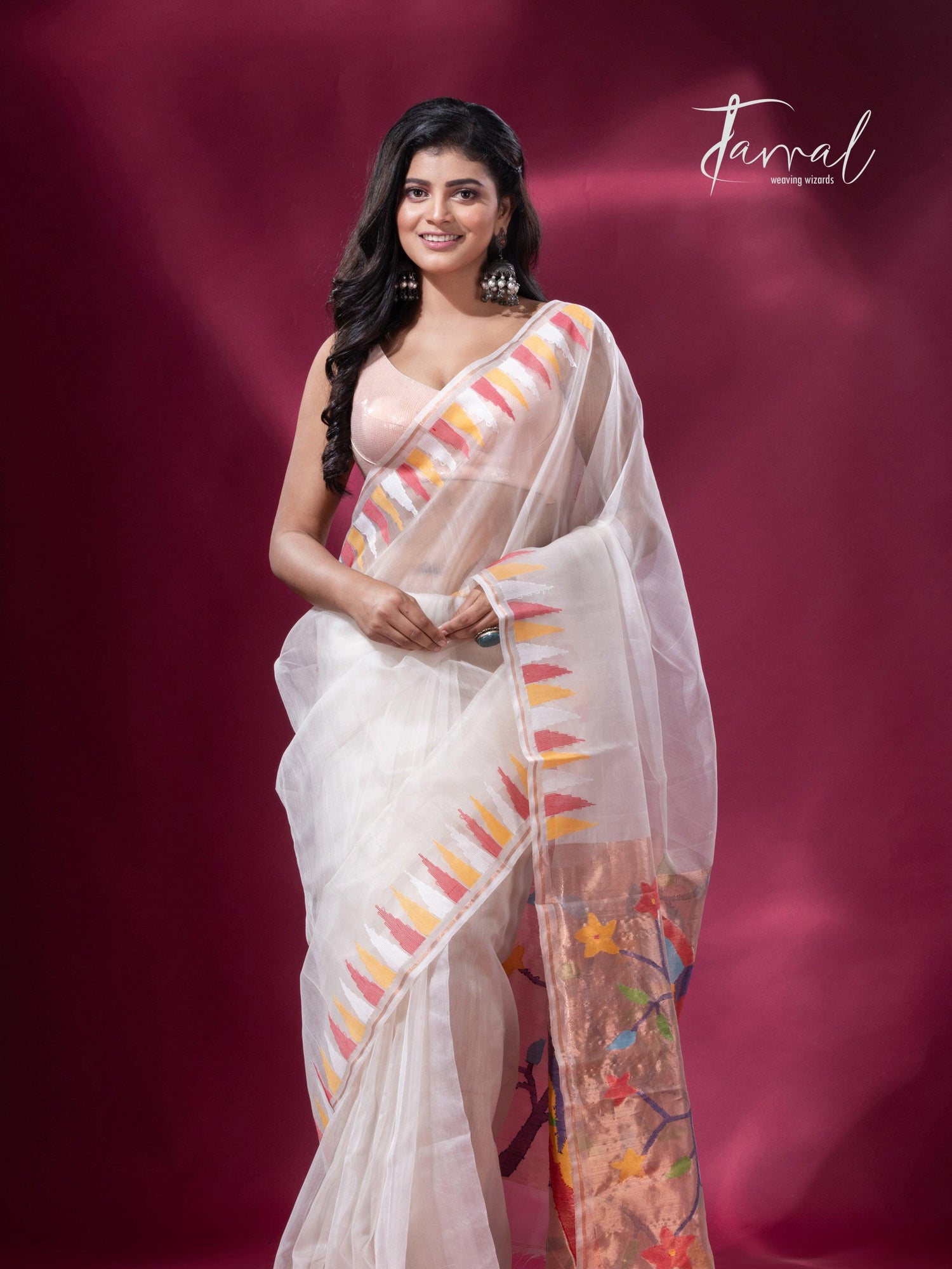 Off White with Multicolor parrot paithani temple border pure muslin silk handwoven jamdani saree - Tamal Boutique