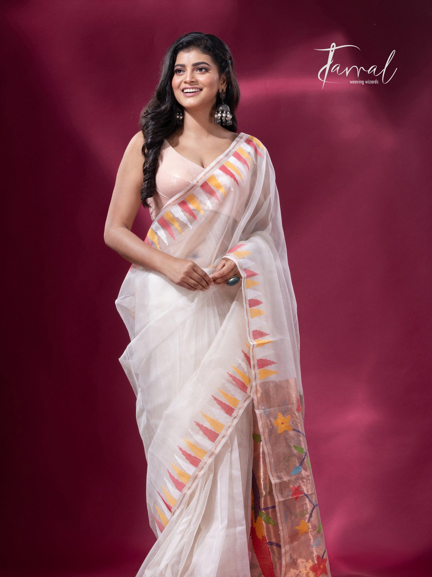 Off White with Multicolor parrot paithani temple border pure muslin silk handwoven jamdani saree - Tamal Boutique