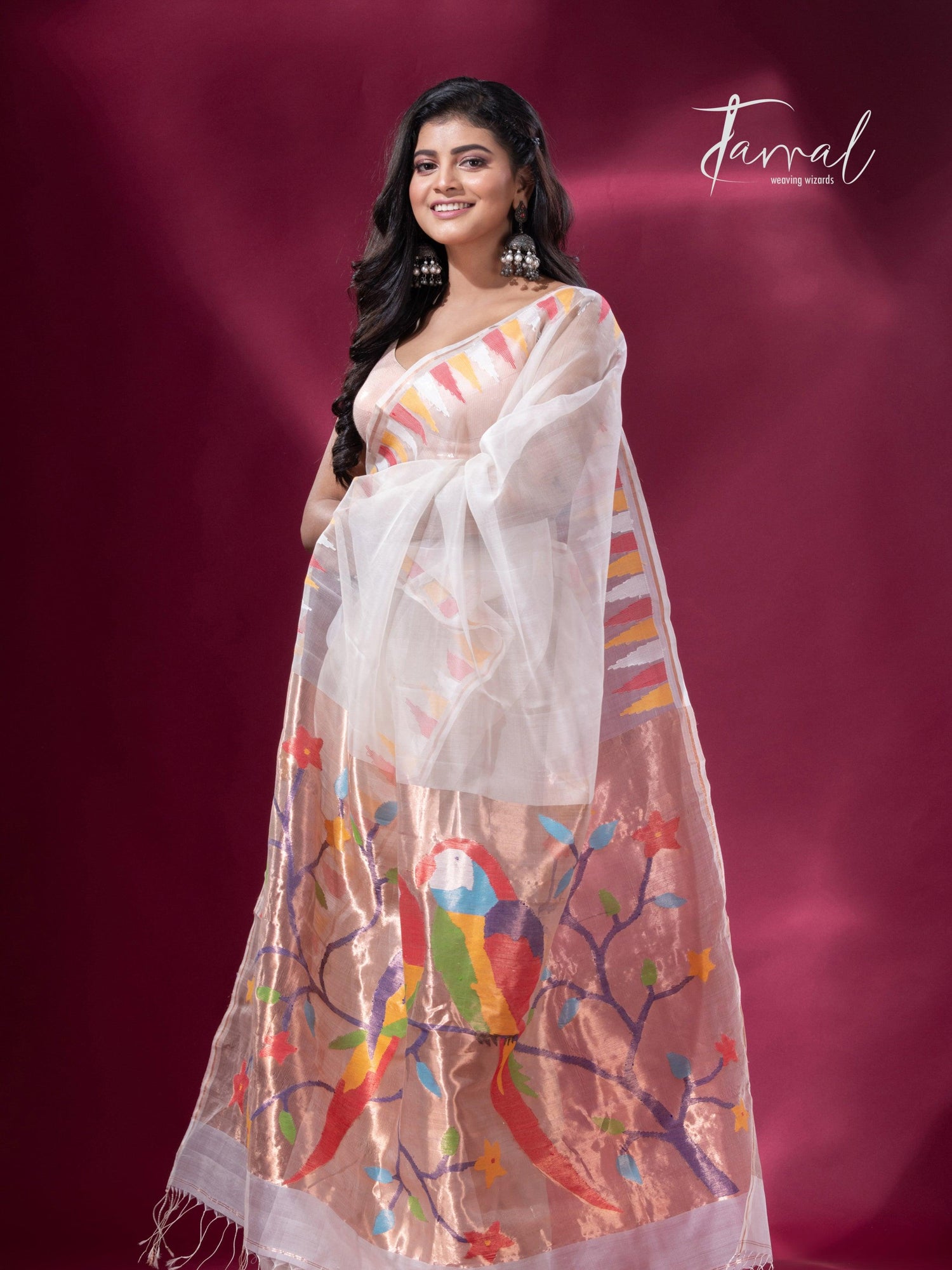 Off White with Multicolor parrot paithani temple border pure muslin silk handwoven jamdani saree - Tamal Boutique