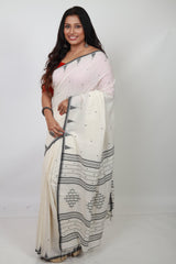 OffWhite with black temple border cotton handwoven jamdani saree - Tamal Boutique