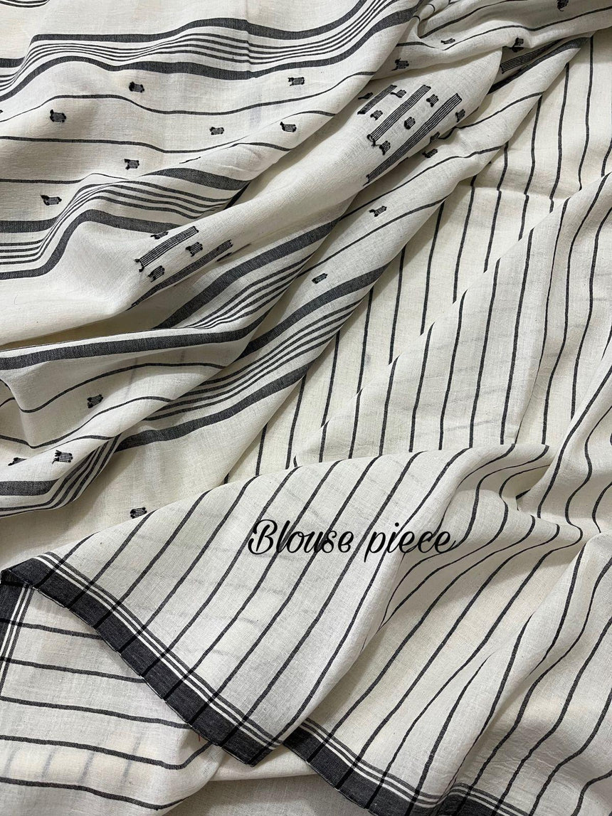 OffWhite with black temple border cotton handwoven jamdani saree - Tamal Boutique