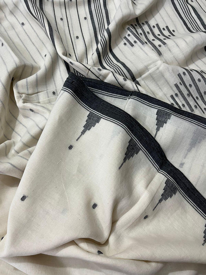 OffWhite with black temple border cotton handwoven jamdani saree - Tamal Boutique