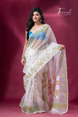 Off white muslin silk jacquard handloom soft dhakai jamdani saree1