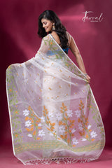 Off white muslin silk jacquard handloom soft dhakai jamdani saree back