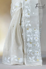 Off white self floral in handwoven muslin silk jamdani saree