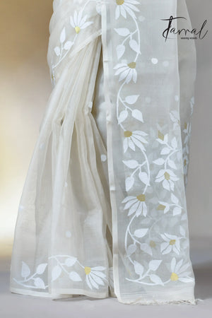 Off white self floral in handwoven muslin silk jamdani saree