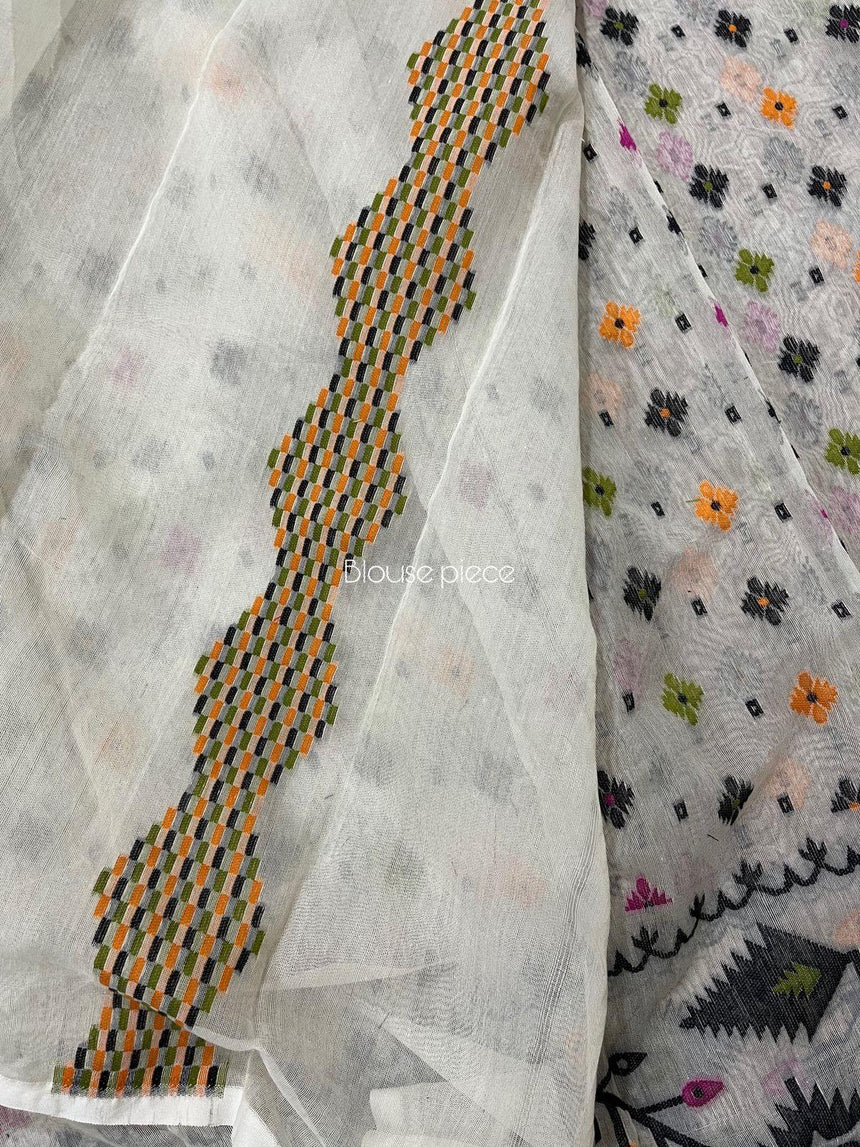 Off white with multi colour soft handloom dhakai jamdani saree with blouse piece - Tamal Boutique