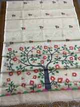 Off white with multi colour tree of life conceptual handwoven jamdani design in muslin silk saree - Tamal Boutique