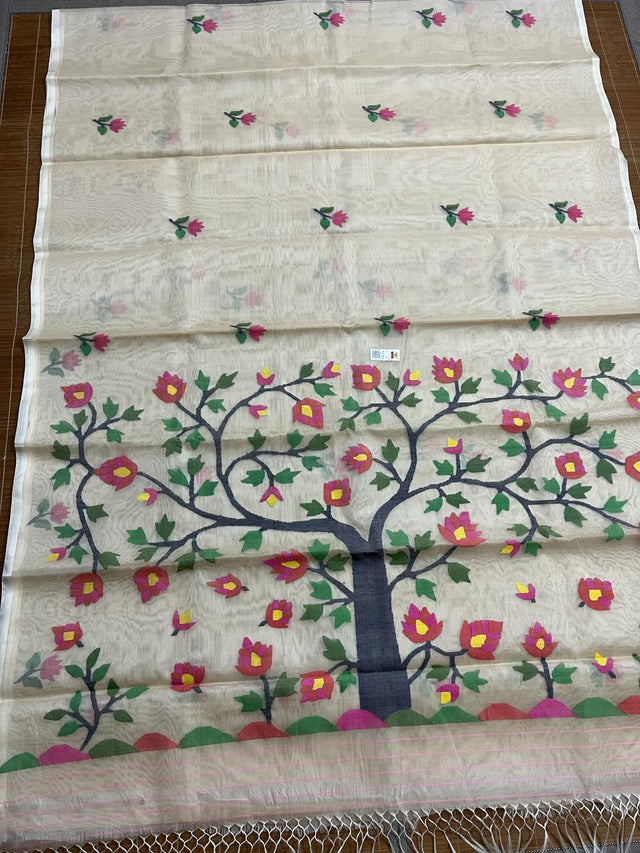 Off white with multi colour tree of life conceptual handwoven jamdani design in muslin silk saree - Tamal Boutique