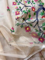 Off white with multi colour tree of life conceptual handwoven jamdani design in muslin silk saree - Tamal Boutique