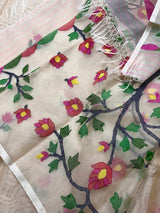 Off white with multi colour tree of life conceptual handwoven jamdani design in muslin silk saree - Tamal Boutique