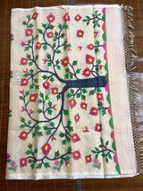 Off white with multi colour tree of life conceptual handwoven jamdani design in muslin silk saree - Tamal Boutique