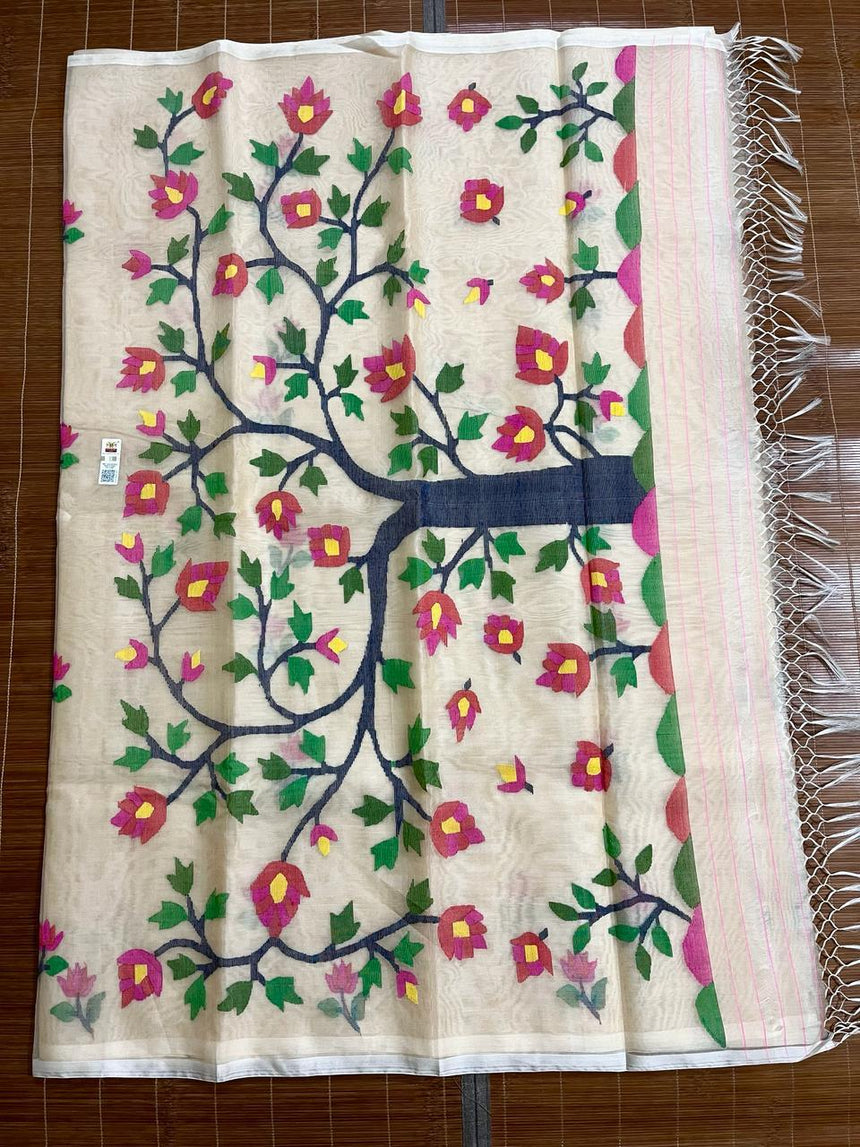 Off white with multi colour tree of life conceptual handwoven jamdani design in muslin silk saree - Tamal Boutique