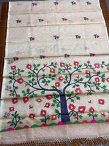 Off white with multi colour tree of life conceptual handwoven jamdani design in muslin silk saree - Tamal Boutique