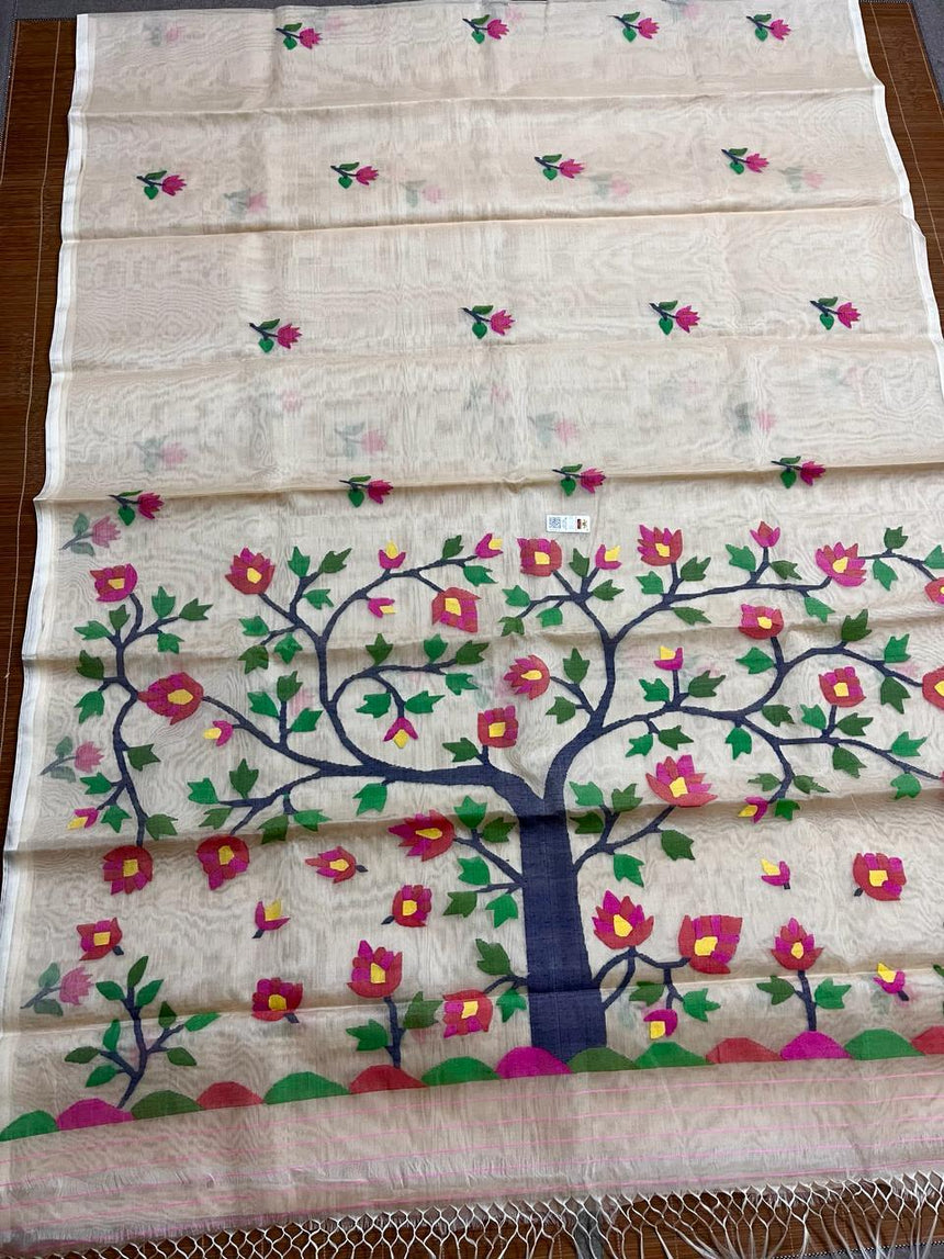 Off white with multi colour tree of life conceptual handwoven jamdani design in muslin silk saree - Tamal Boutique