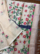 Off white with multi colour tree of life conceptual handwoven jamdani design in muslin silk saree - Tamal Boutique