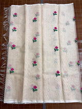 Off white with multi colour tree of life conceptual handwoven jamdani design in muslin silk saree - Tamal Boutique