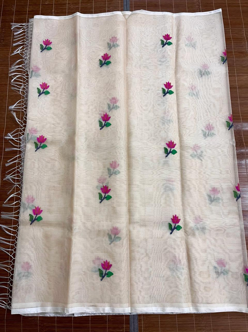 Off white with multi colour tree of life conceptual handwoven jamdani design in muslin silk saree - Tamal Boutique