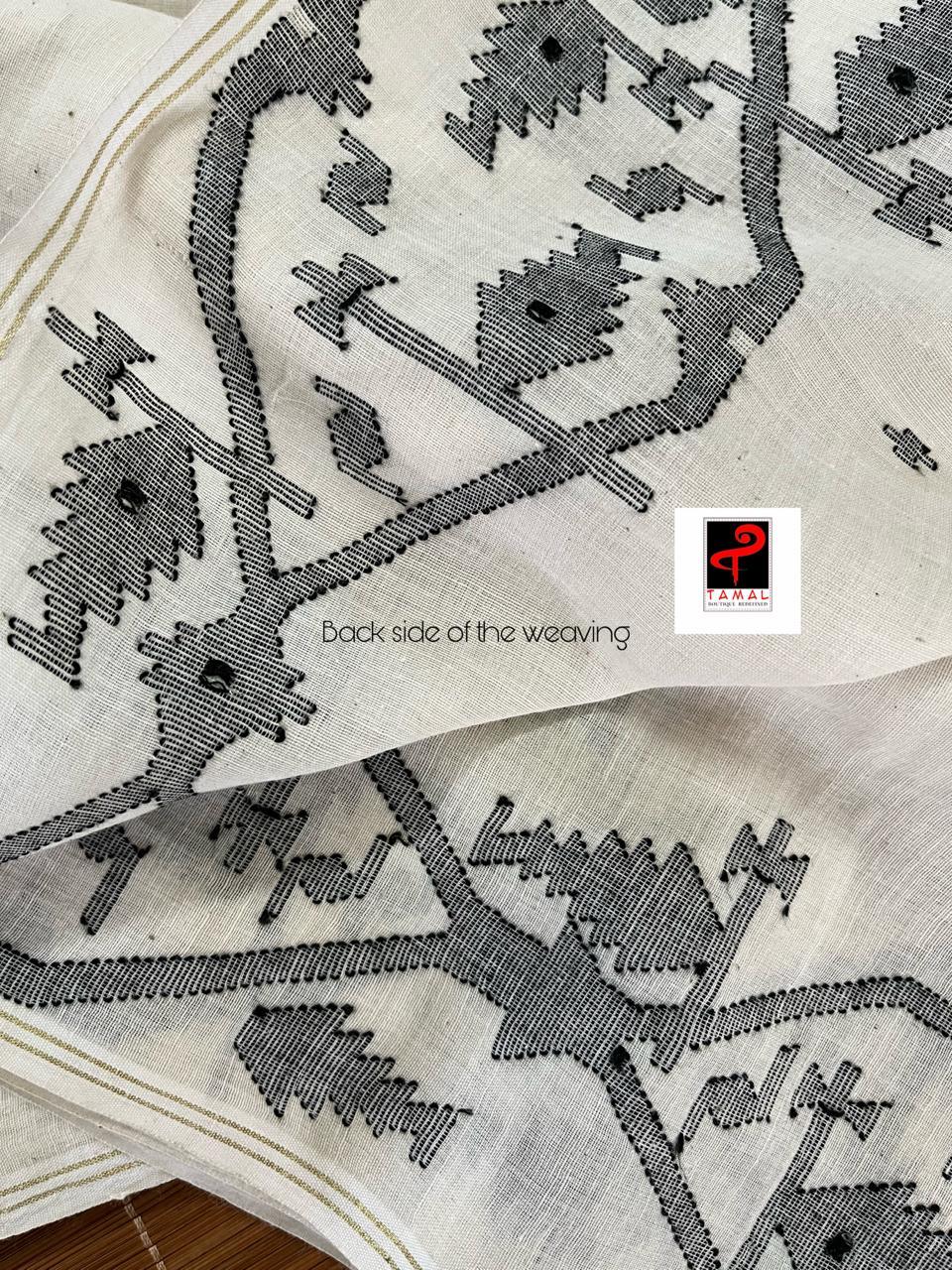 Offwhite whit black cotton handwoven jamdani fabric - Tamal Boutique
