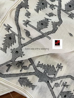 Offwhite whit black cotton handwoven jamdani fabric - Tamal Boutique