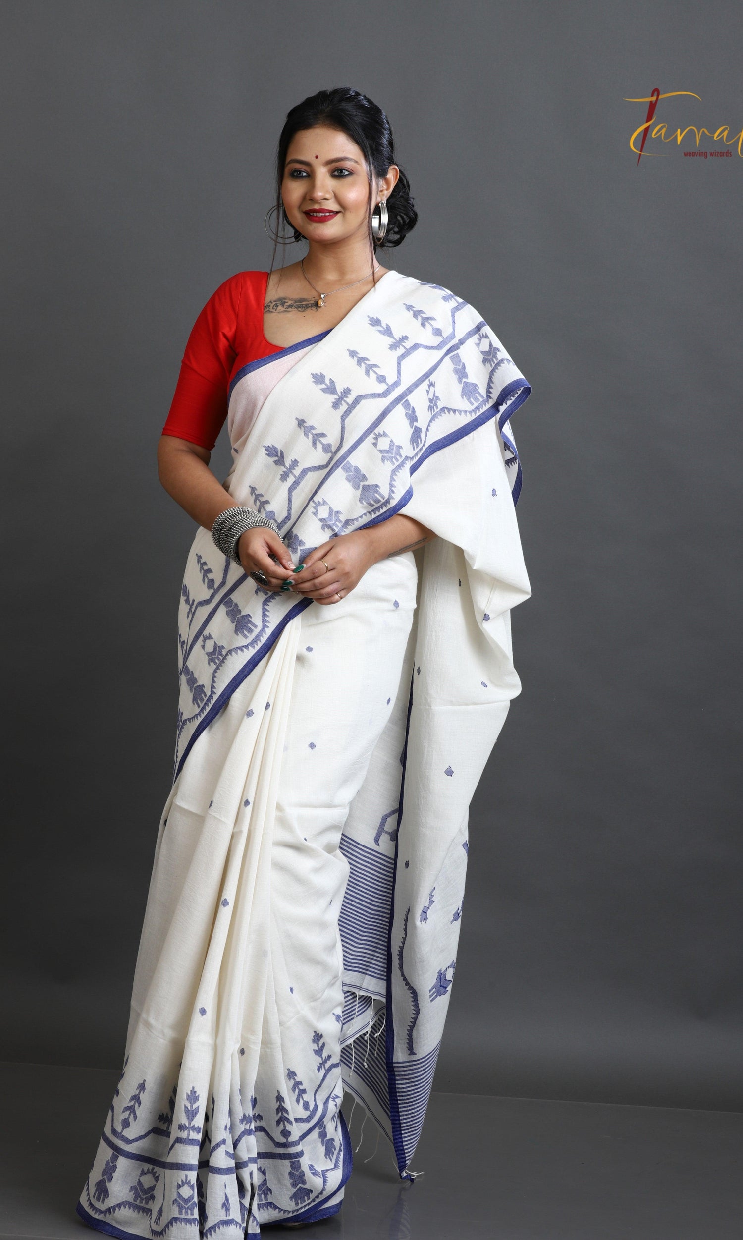 Off white with blue border pure cotton handwoven jamdani saree