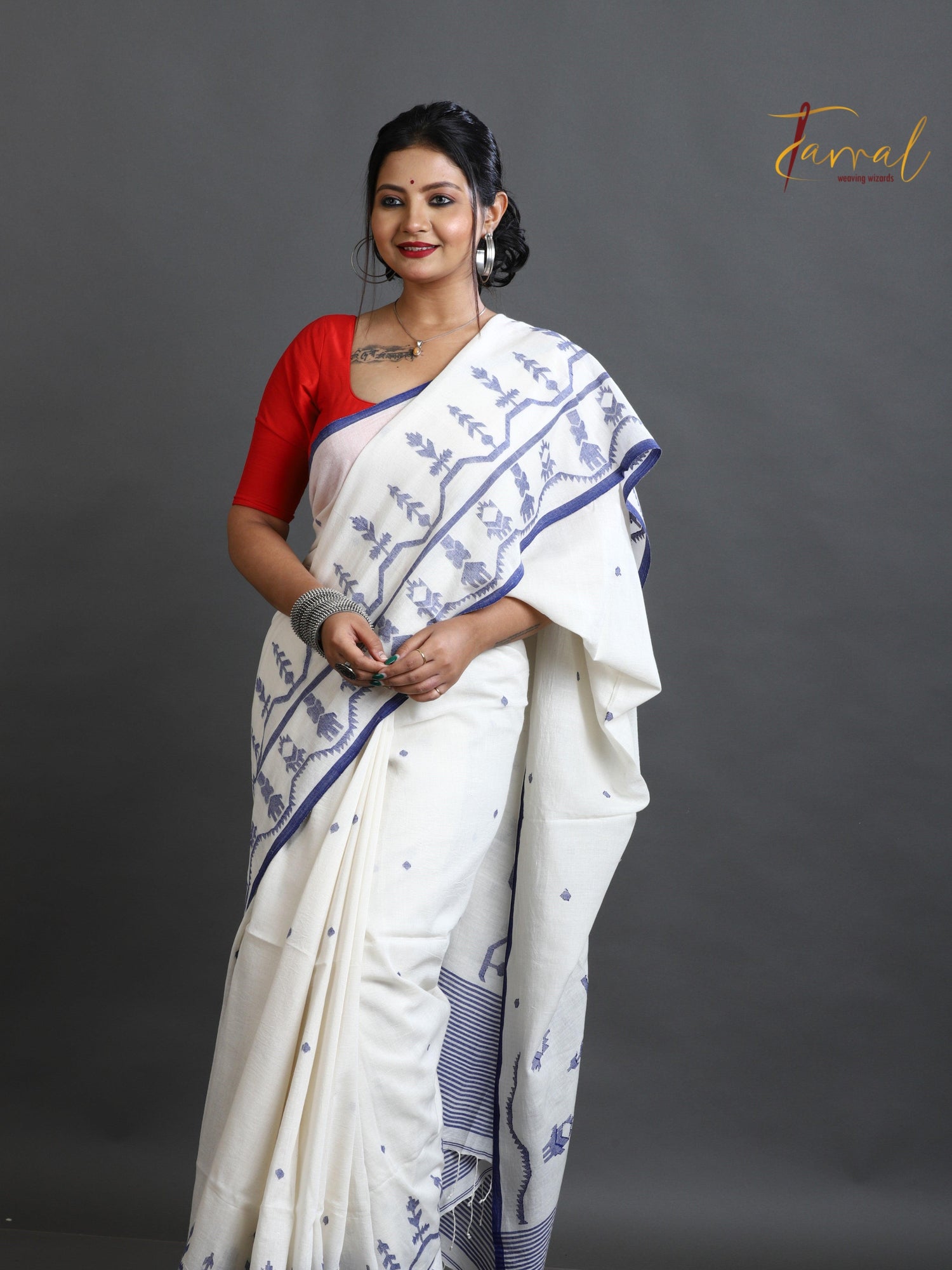 Off white with blue border pure cotton handwoven jamdani saree