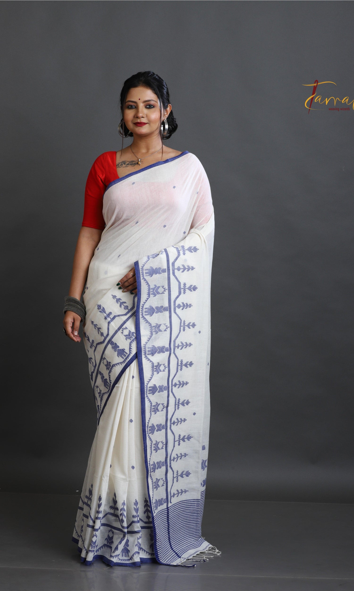 Off white with blue border pure cotton handwoven jamdani saree