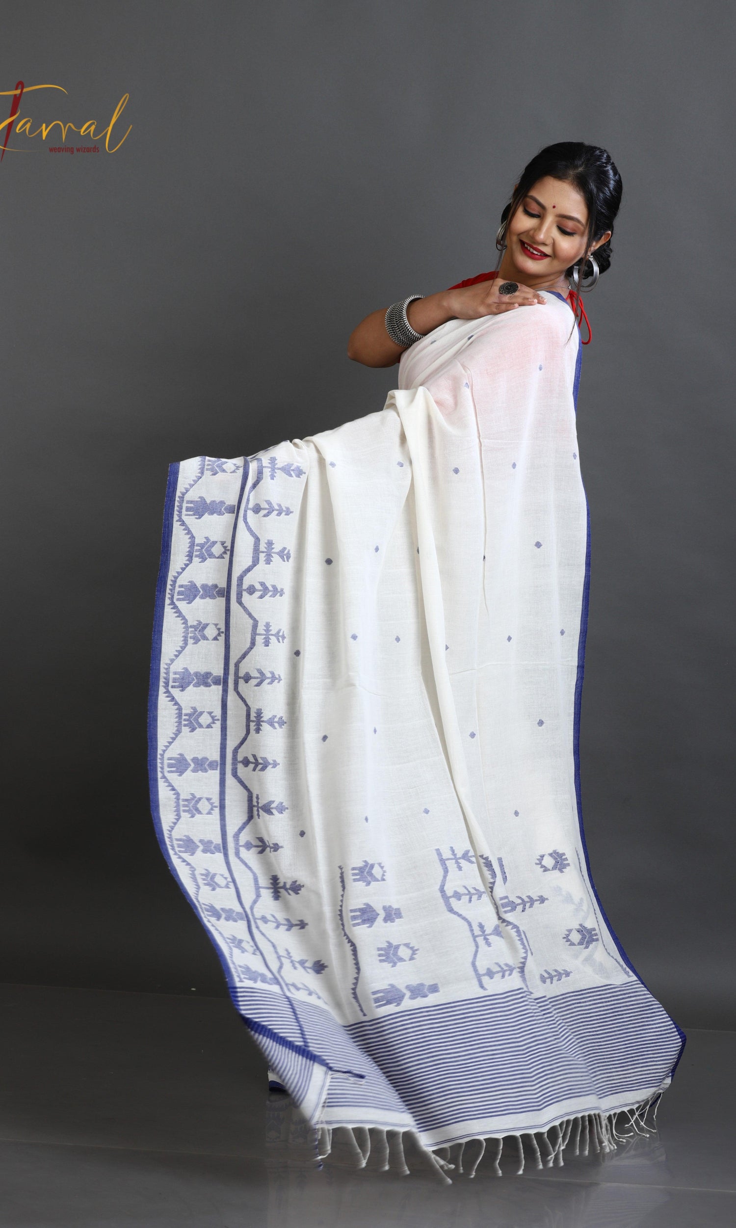 Off white with blue border pure cotton handwoven jamdani saree