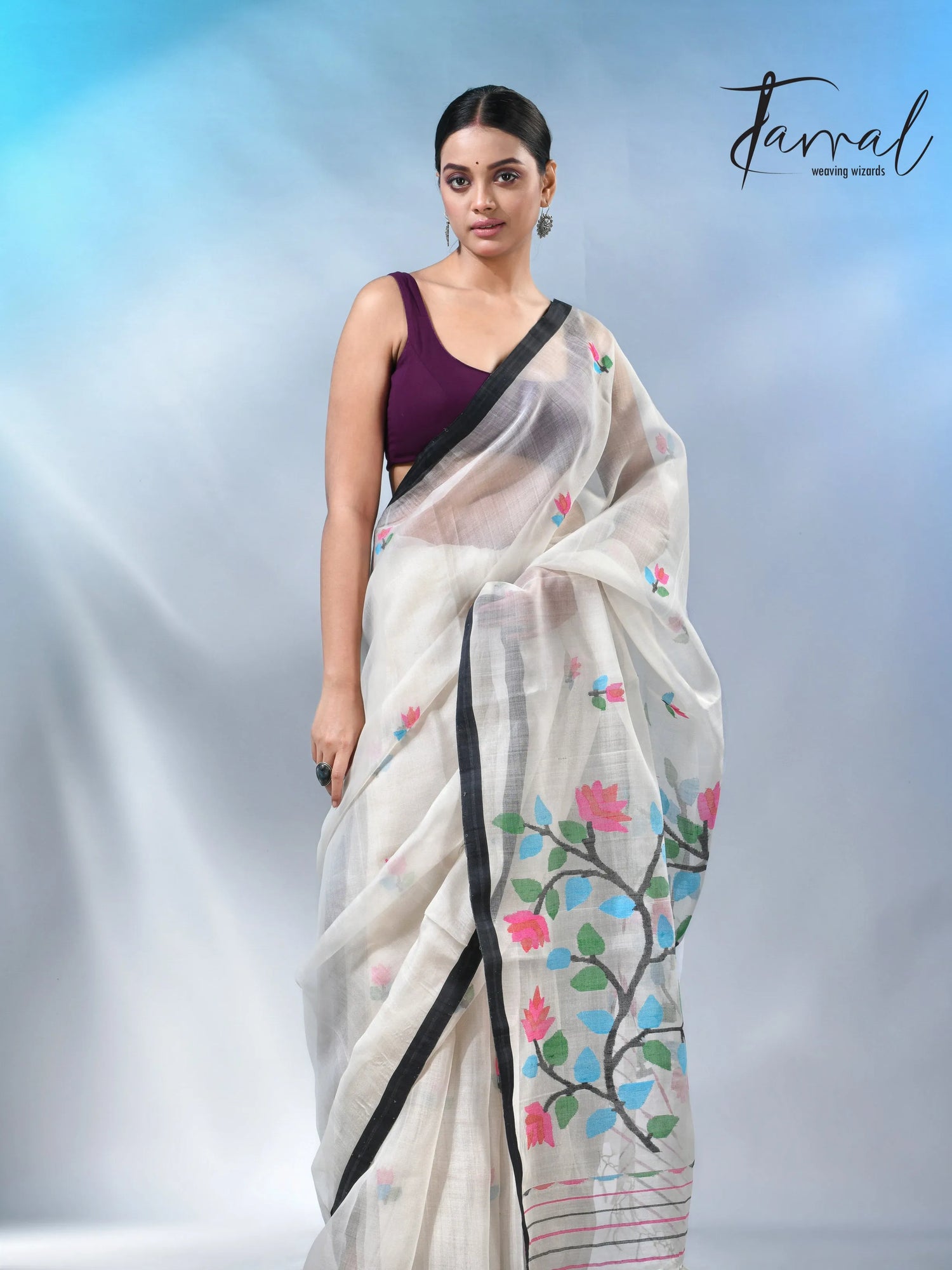 Off white with border muslin floral handwoven jamadani saree